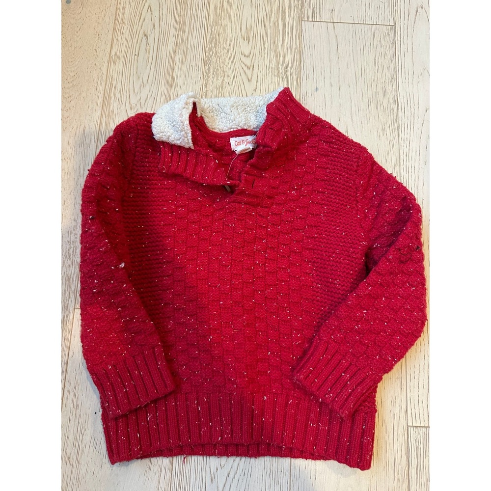 Cat & Jack Toddler Boys Red Marled Knit Sweater Mock Neck Faux Shearling 3T